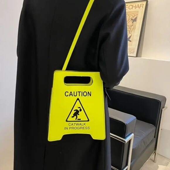 Street Style Neon Yellow Caution STOP Catwalk in Progress Crossbody Purse - Picture 1 of 4